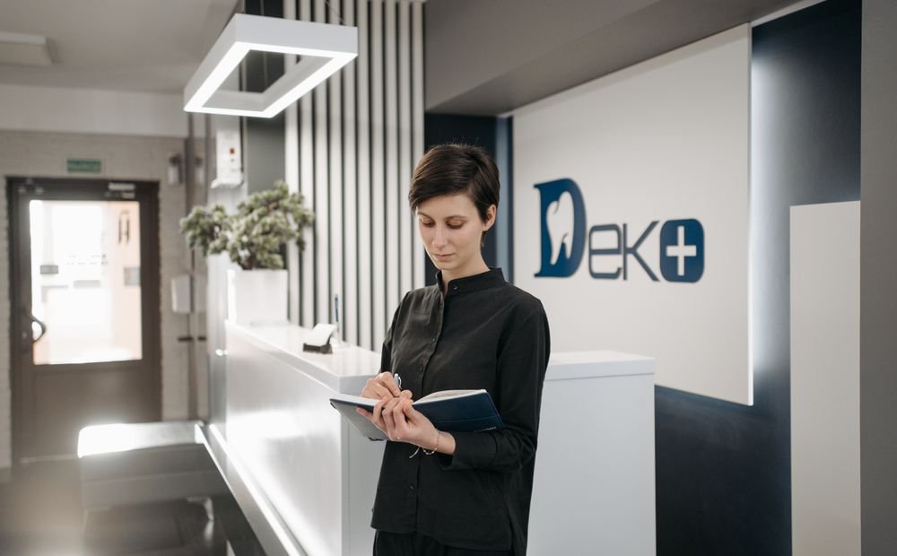 Med-spa front desk and reception area representing a clinic's local search presence
